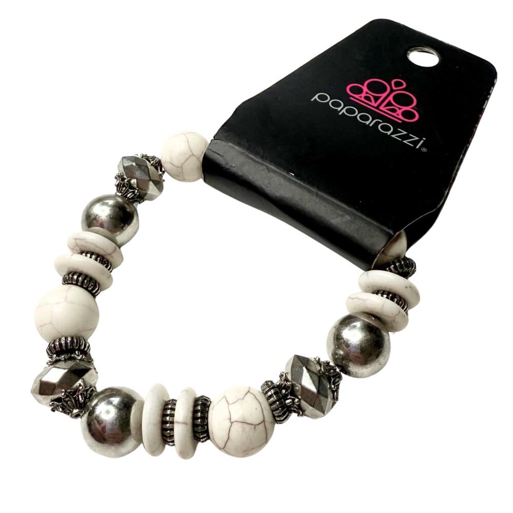 Paparazzi Beaded Stretch Mesa Marbled Maverick Bracelet Stackable White Silver